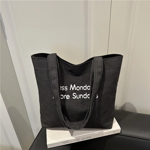 Retro black canvas tote bag with Less Monday More Sundays embroidery for students