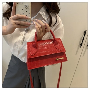 Close-up of red crocodile pattern crossbody bag with gold logo on a white shirt model