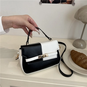 Women Splicing Color Blocking Shoulder Bag Fashion PU Leather Handbag With Gold Lock Crossbody Bag For Daily Travel Use