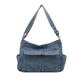Lightweight blue denim crossbody bag with multiple pockets and adjustable shoulder strap