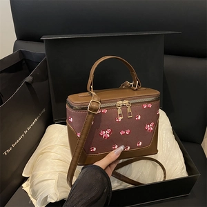 Retro vintage box handbag with cherry prints and golden hardware in a gift box set