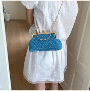 Detail of blue woven shell bag with gold round handle and vintage clasp on model back
