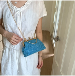 Blue tweed chain bag with gold frame and sphere clasp worn over a white lace dress