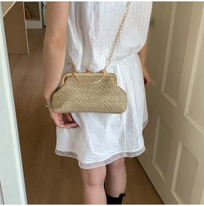Detail of woven shell handbag featuring metal round handle and gold chain strap