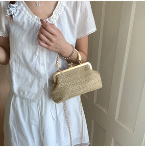Detailed view of beige woven evening clutch with vintage gold clasp and chain strap