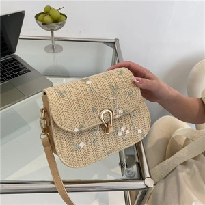 Damen Stroh Gewebt Umhängetasche Mit Blumenstickerei Gold Metall Schnalle Klein Sommer Urlaub Mode Elegant Schultertasche