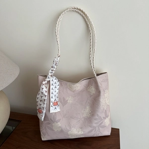 Nouveau Style Chinois Sac Seau en Toile Imprimé Floral pour Femmes Sac Cabas avec Poignée Tressée et Écharpe Décorative Sac à Bandoulière