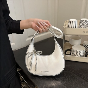 Women Glossy PU Leather Underarm Bag Hobo Shoulder Bag With Bowknot Bead Pendant Fashion Metallic Dumpling Bag For Ladies