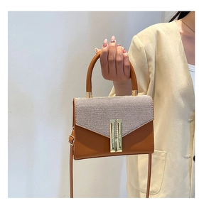 Close-up of vintage brown striped small square bag with golden H-shaped metal buckle