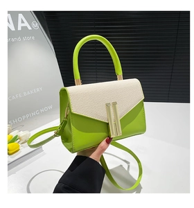 Detail of green leather and woven fabric shoulder bag with golden H-shaped buckle