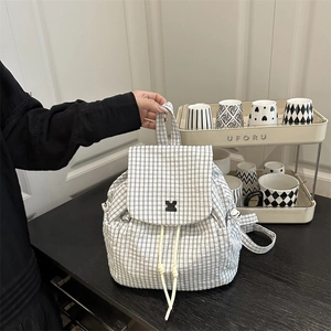 Fashion Women Backpack Nylon Grid Drawstring Flip Cover School Bag Casual Large Capacity Travel Rucksack Girls Daily Use