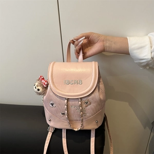 Pink mini backpack with cartoon patches, embroidery, metal chain and plush bear charm