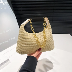 Dames Mode Handgeweven Stro Schoudertas Met Gouden Grove Ketting Effen Kleur Minimalistisch Zomer Strand Hobo Tas