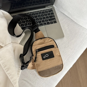 Chic khaki square chest bag for women in pleated nylon with front mesh pocket