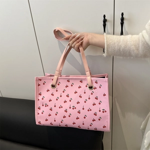 Sac fourre-tout rose à motifs cerises rouges, grande capacité pour l'école et sorties
