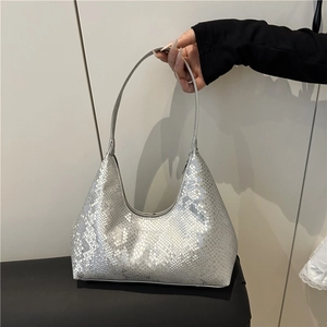 Silver snakeskin pattern hobo shoulder bag with a minimalist large capacity design
