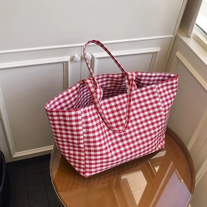 Large capacity red and white plaid canvas tote bag for women commuting or campus life