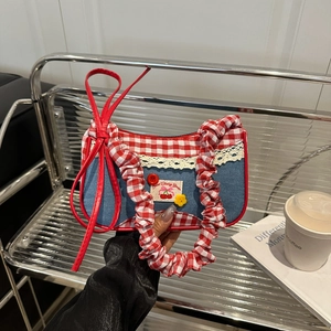Vintage checkered canvas handbag with cherry embroidery and ruffled lace straps