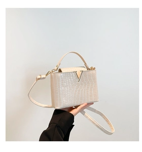 Detail shot of cream bucket bag showing crocodile texture and gold V-shaped metal buckle