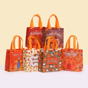 Sac Cadeau en Tissu Non Tissé pour l'Action de Grâce Sac Fourre-tout Pelliculé Imperméable Motif Citrouille Dindon Automne