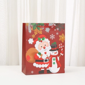 Christmas gift bag with Santa and snowman print on red high-quality card paper