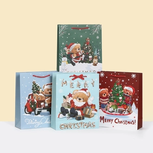 Christmas Theme Cartoon Bear Gift Paper Bag Festive Tree Snowman Pattern Holiday Party Favor Packaging Tote Handle Bag