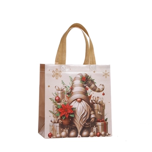 Golden Christmas non-woven gift bag with festive gnome illustration and handles