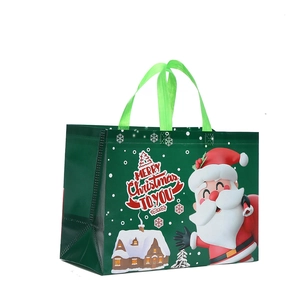 Green Christmas non-woven tote bag with Santa Claus print and Merry Christmas text