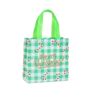 Green and white plaid Christmas gift bag with golden Merry Christmas text and candy canes