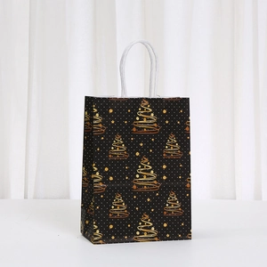 Black Christmas kraft paper gift bag with gold tree prints and white handles