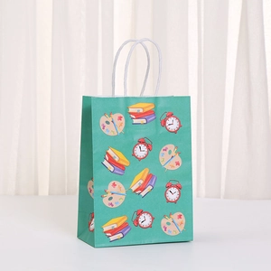 Green kraft paper gift bag with school theme prints and white twisted rope handles