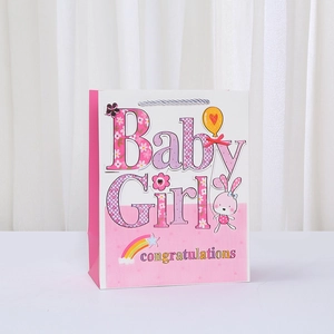 Sac cadeau rose Baby Girl avec lapin et texte de félicitations pour fête de naissance