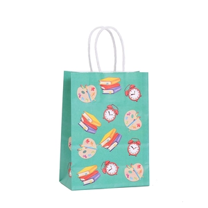 Green back to school gift bag with school supplies and stationery illustrations