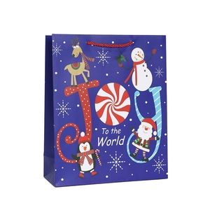 Blue Christmas gift bag with Santa Claus, JOY lettering, and red rope handles