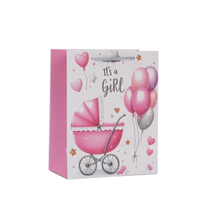 Sac cadeau en papier rose avec poussette et texte It's a GIRL pour les nouveau-nés