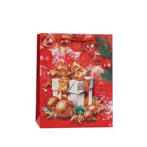 Christmas paper gift bag featuring festive reindeer and gift box motifs on red background