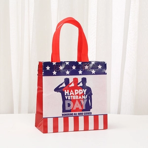 Detail of Veterans Day gift bag with American flag stars, stripes and soldier silhouettes