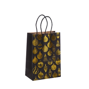 Black Christmas gift bag with gold foil ornaments and sturdy black rope handles