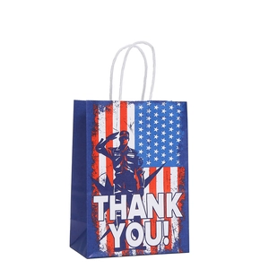 Patriotic paper gift bag with American flag design and soldier silhouette, Thank You text