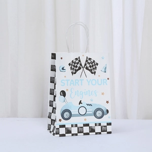 Racing party paper gift bag with checkered flags and Start Your Engines slogan