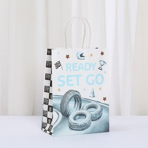 Racing party paper gift bag with white rope handles and checkered flag pattern
