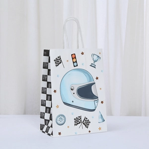 Racing themed white kraft paper gift bag with cartoon helmet and checkered patterns