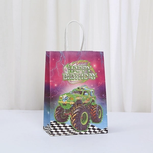Monster truck happy birthday gift bag with star pattern and white twisted handles