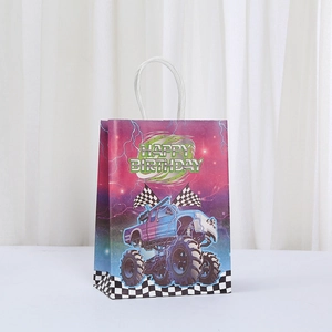 Monster Truck Happy Birthday kraft paper gift bag with white twisted handles and racing flag