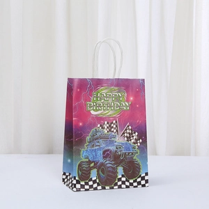 Monster truck kraft paper gift bag with handles and Happy Birthday printed design