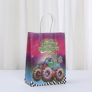 Happy Birthday monster truck paper gift bag with purple gradient and lightning pattern