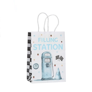 Racing themed white paper gift bag with Filling Station print and checkered sides