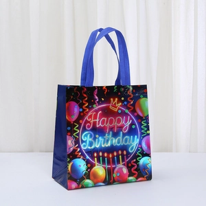 Blue Happy Birthday non-woven gift bag with colorful balloon and neon text design