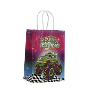 Monster truck kraft paper gift bag with purple lightning design and white rope handles