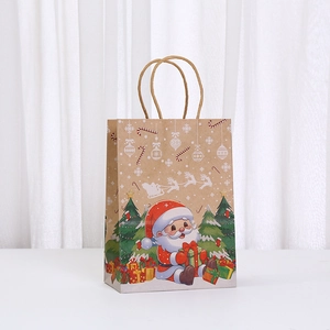Detail of kraft paper gift bag featuring festive Santa Claus and snowflake cartoon prints